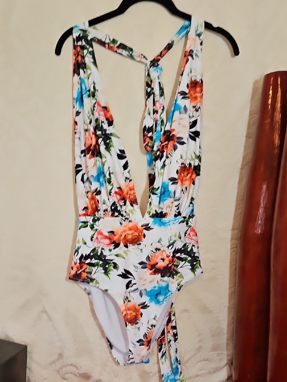 Cupshe White Floral Deep V One-Piece with Orange & Blue Flowers